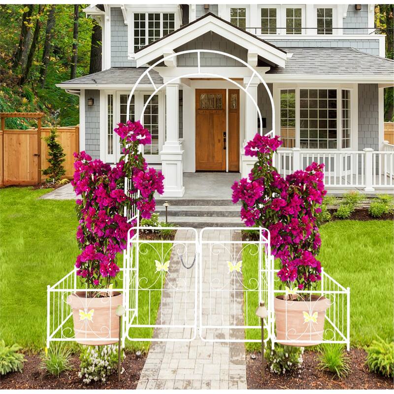 86.6'' H x 79.5'' W Patio Metal Garden Arch Trellis w/Gate，Climbing Plant Support，Anti-Rust Coating - 86.6'' H x 79.5'' W