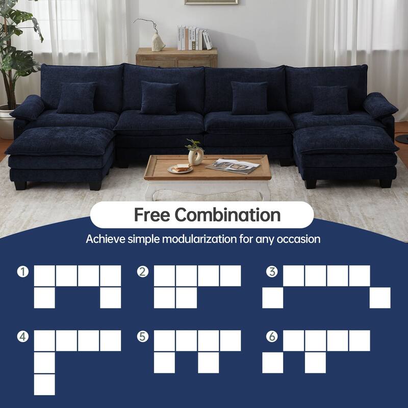 144" Modular Compression Sofa Set Convertible Sectional Sleeper Couch with 2 Ottomans
