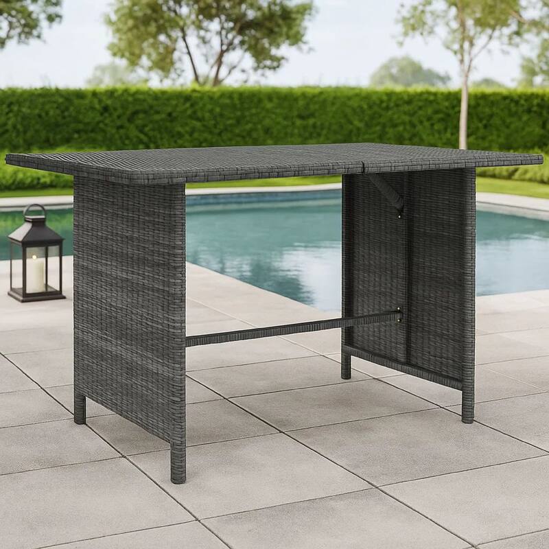 Outdoor Dining Table, 43 Inch Rectangular Top, Dark Gray Poly Rattan