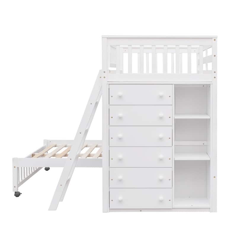 Twin Over Full Bunk Bed with 6 Drawers, Flexible Shelves and GuardRail