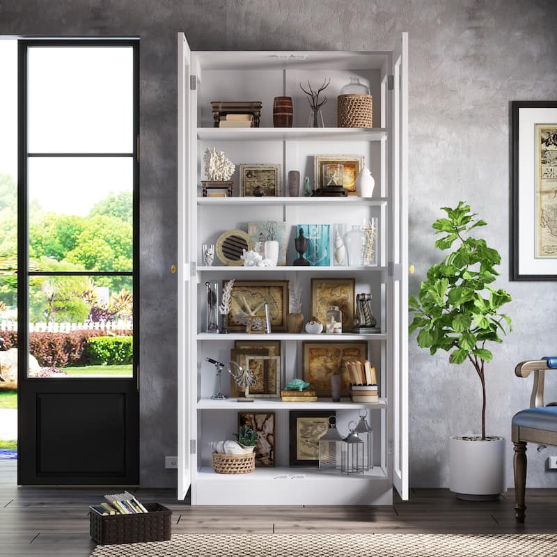 Bookcase Display Cupboard Curio Cabinet 2 Glass Door White Lacquer - 70.9"Hx31.5"W