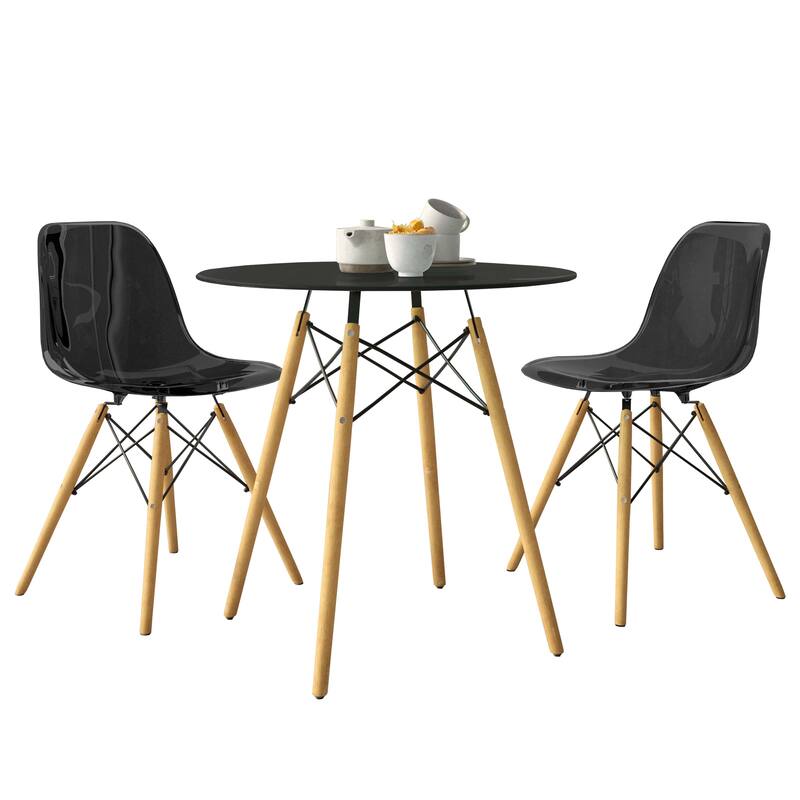 3-Piece Dining Set with 31-Inch Round Solid Wood Table and 2 Dining Chairs with Beech Wood Legs - Black