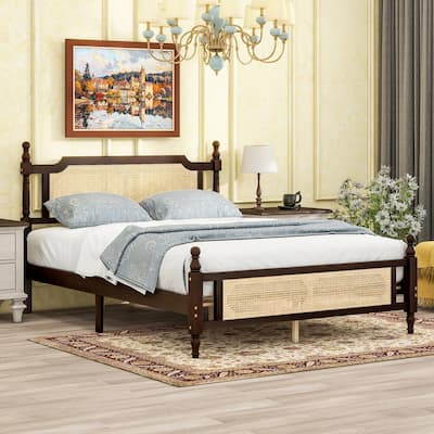 Queen Pine wooden Bed with Rattan Headboard and Footboard