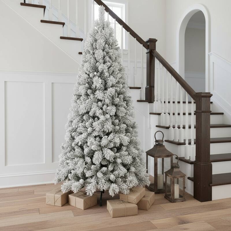 HomeRoots 9' Green And White Slender Flocked Pine Christmas Tree - 7 Foot