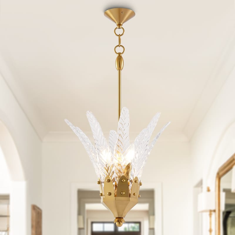 17" Modern Gold Flower 3-light Leaf-shaped Textured Glass Chandelier Hanging Light