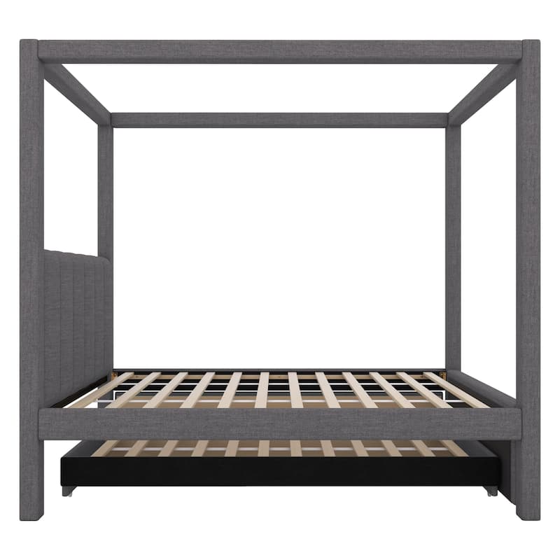 Upholstered Canopy Platform Bed with Trundle and Storage Drawers