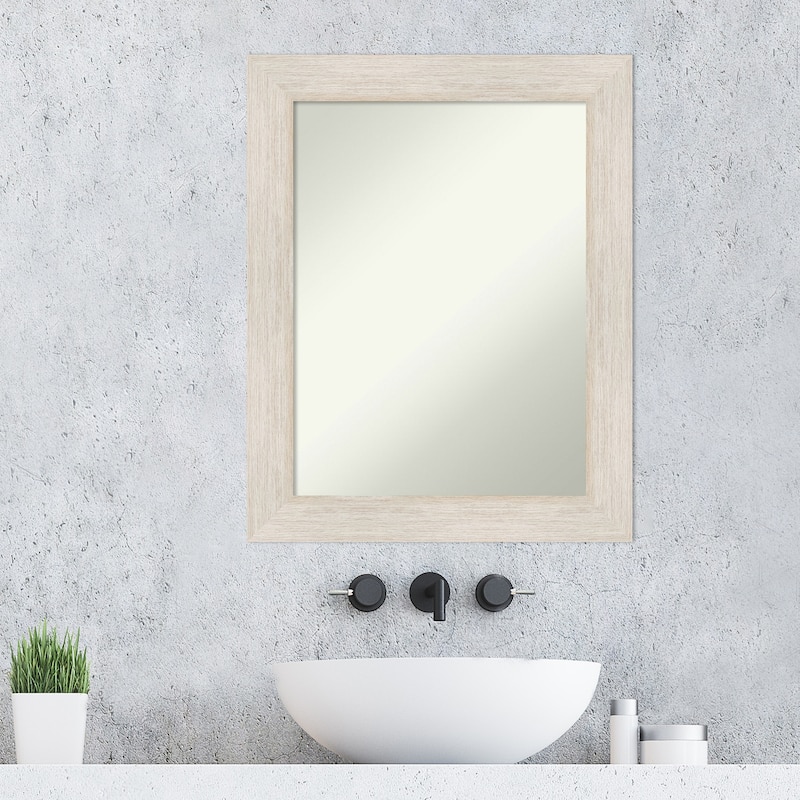 Non-Beveled Wood Bathroom Wall Mirror - Hardwood Whitewash Frame
