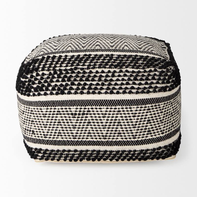 Mercana "Garima" Black & White Wool / Cotton Patterned Square Pouf