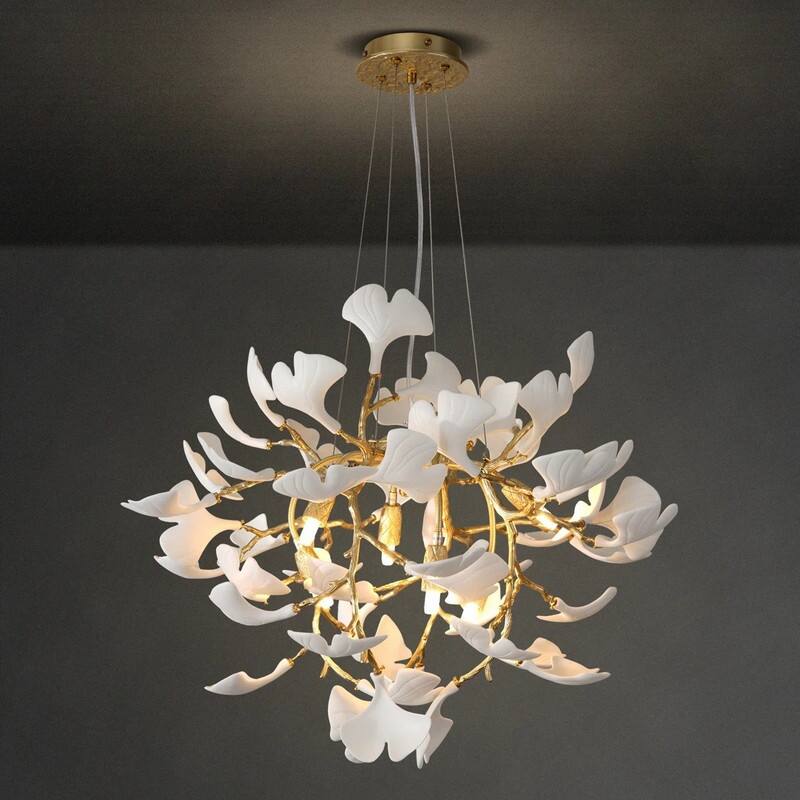 KAYLA Modern Gold Tree Branch Ginkgo Leaf Chandelier - 55" Rectangle Ceramic & Aluminum Design
