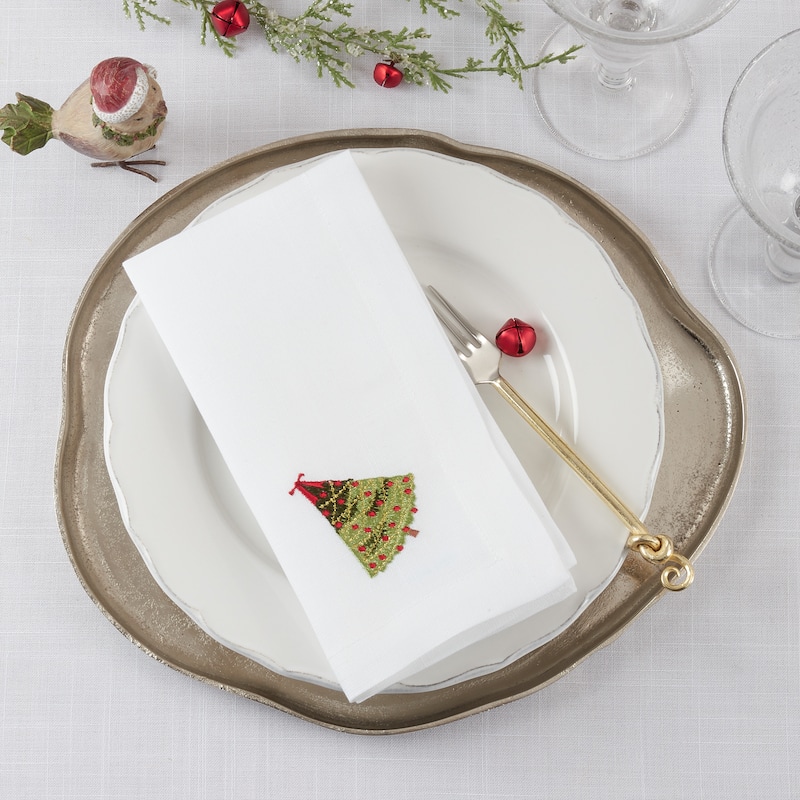 Embroidered Table Napkins With Christmas Tree Design (Set of 4) - 20"x20"