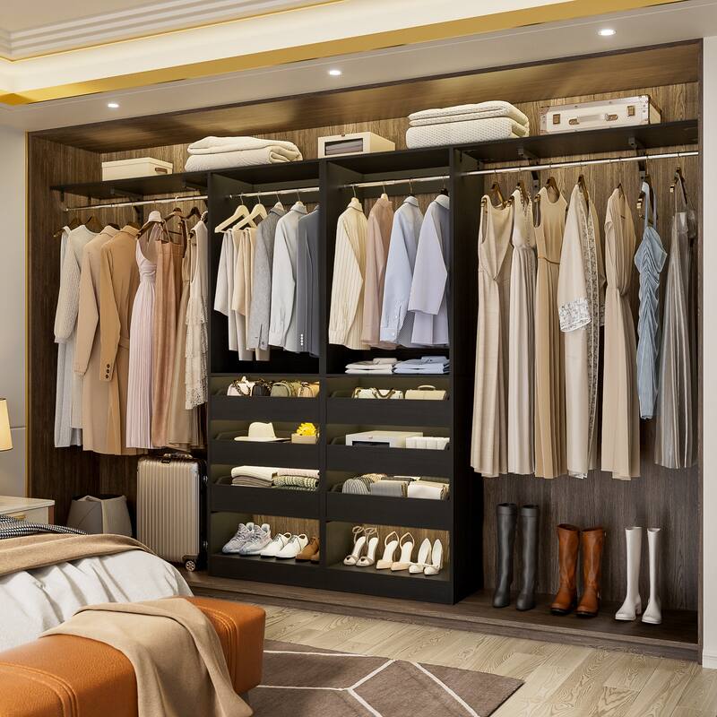 Rackcog 80"-120" W Closet System With 6 Wooden Drawers and 4 Hanging Rods,Sturdy Walk-in Closet Organizer with Storage Shelves