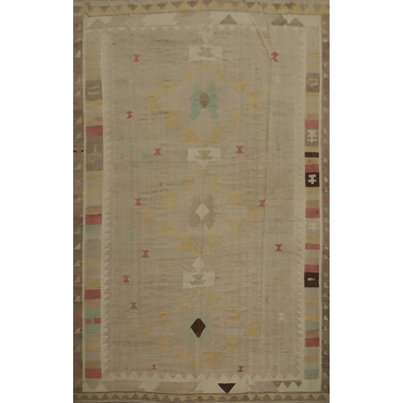 Hand Woven Oriental 100% Wool Carpet Southwestern Tribal Beige & Ivories Kilim Area Rug - 11' 11'' X 8' 9''