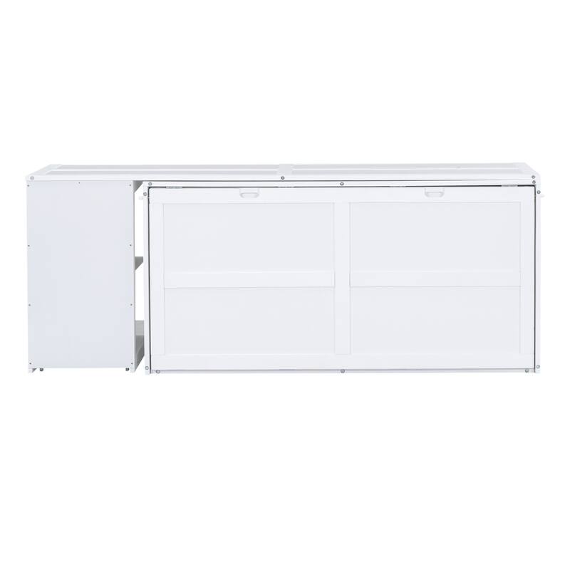 White Queen Murphy Bed with Rotating Desk and Shelves - Pine Wood and MDF Space-Saving Design