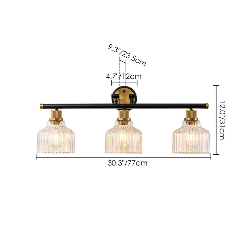 3-Light Black and Gold Bathroom Vanity Light with Clear Glass Shades, Modern Wall Sconce Fixture