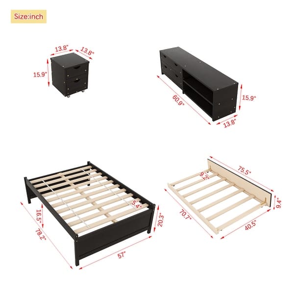 dimension image slide 1 of 3, Full Platform Bed with Trundle, Storage Box, and Nightstand