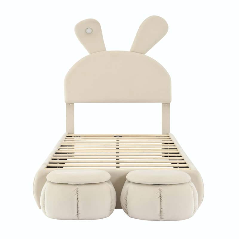 Upholstered Platform Bed with Cartoon Ears Shaped Headboard and Light