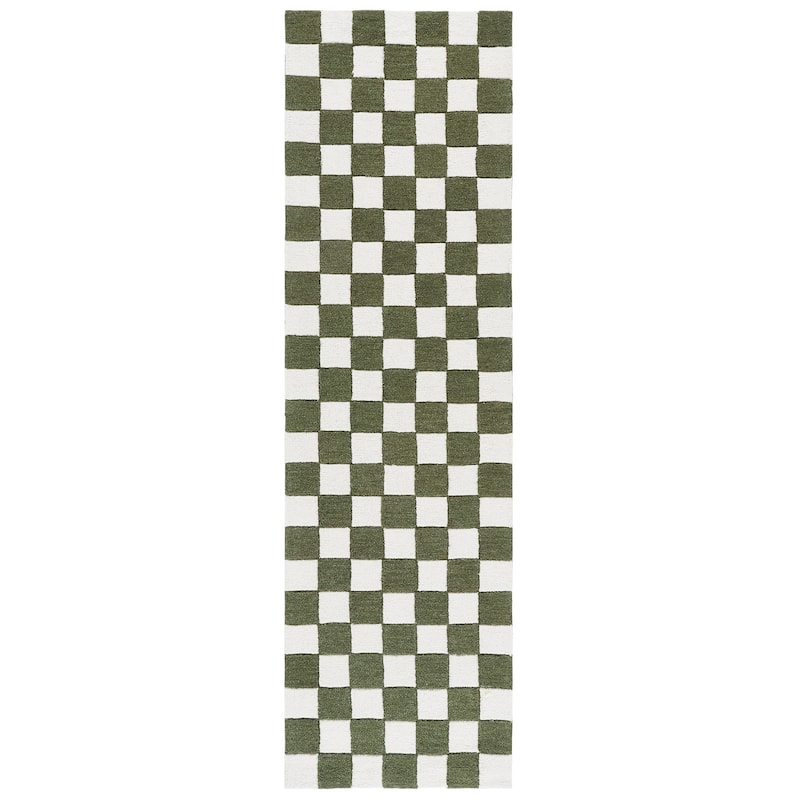 SAFAVIEH Handmade Ebony Gulnur Farmhouse Checkered Wool Rug - 2'3" x 8' Runner - Green/Ivory
