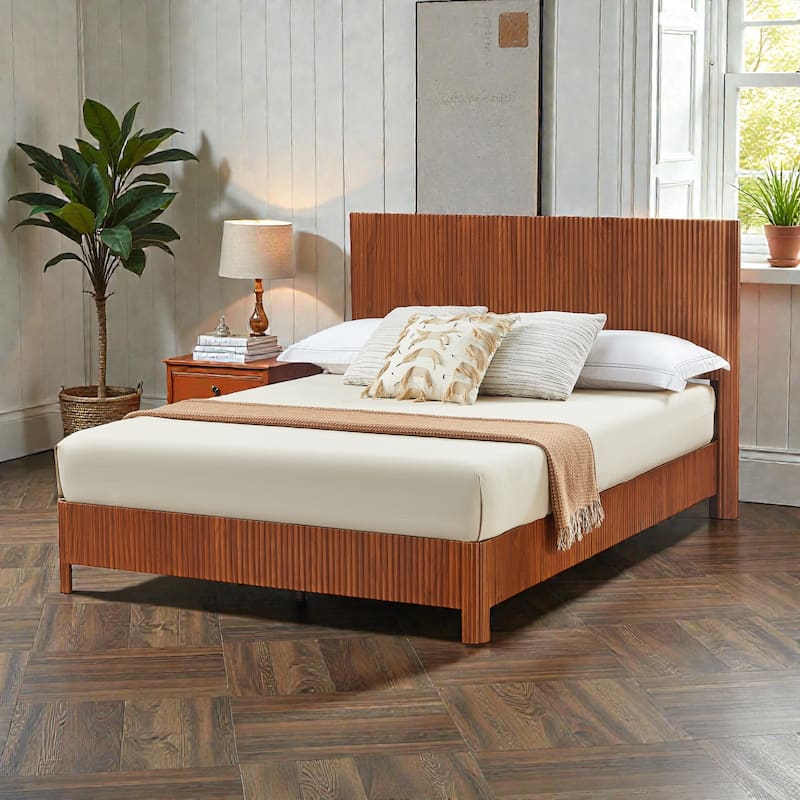 Wood Bed Frame with Corrugated Curved Wood Panels, Heavy Duty Metal Support, No Box Spring Needed - Walnut - Queen