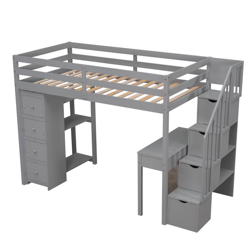 Twin Size Wooden Loft Bed with Storage Drawers, Desk, Stairs, and Shelves - Gray