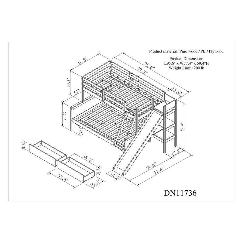 Twin over Full Bunk Bed with Solid Slats, Detachable Wood Beds Frame