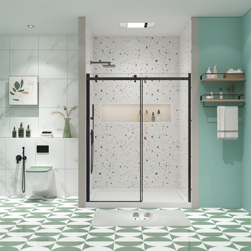 Bathroom Glass Shower Sliding Door with 5/16" Tempered Glass - Matte Black