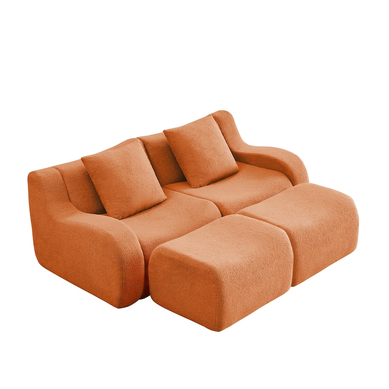 Teddy Fabric Boneless Sectional Sofa Set with 2 Ottoman, Modern Chaise Lounge Sofa with Curved Armrests, Anti-Slip Base