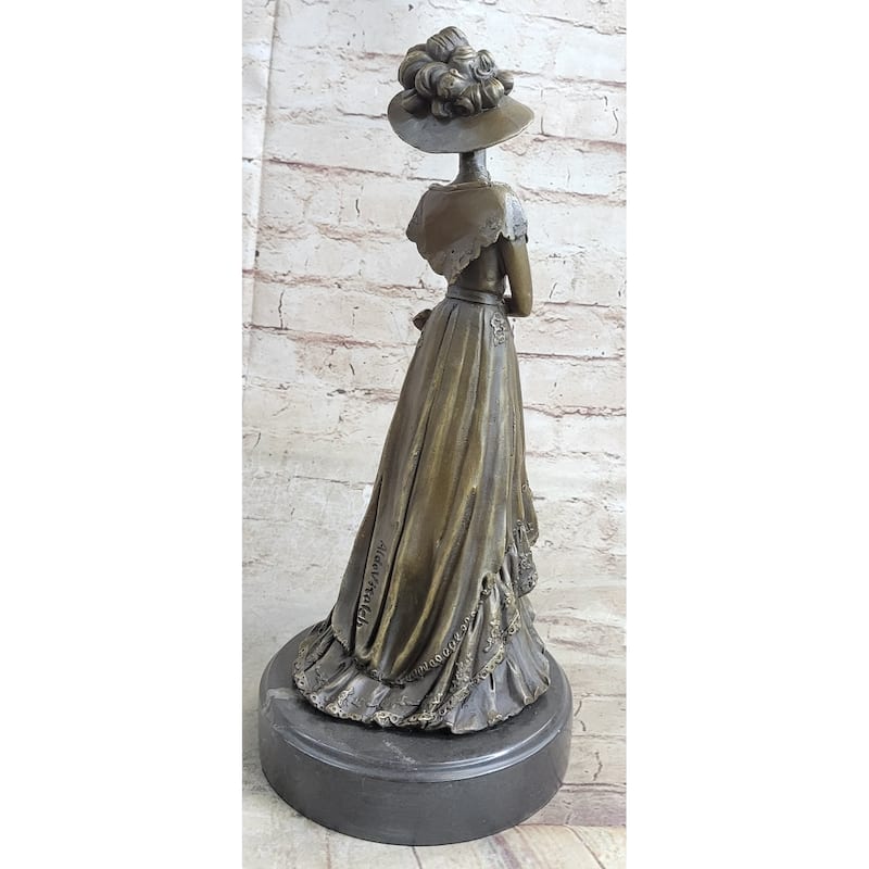 Young Woman In Victorian Fashion Hat Bronze Metal Figure Statue Sculpture Decor