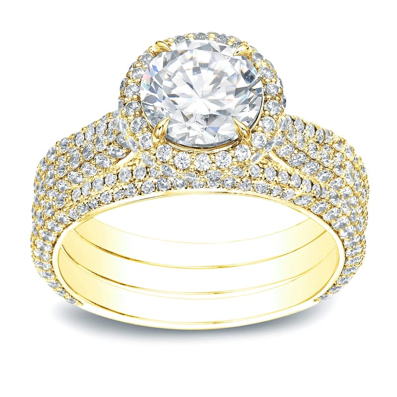 Auriya 3 1/5ctw Pave Halo Diamond Engagement Ring 3pc Set 14k Gold