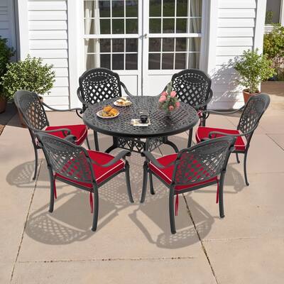 5/7-Piece Cast Aluminum Outdoor Dining Set with 48.03 in. Round Table and Cushions