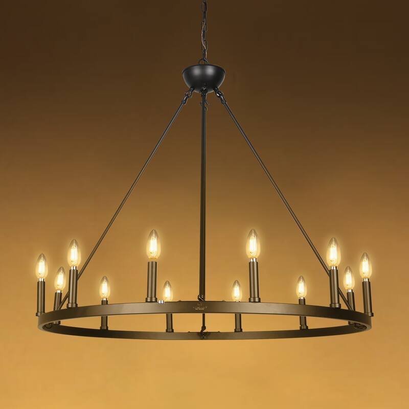 12 Light Chandelier Wagon Wheel (37” Wide) Matte Black Steel Frame