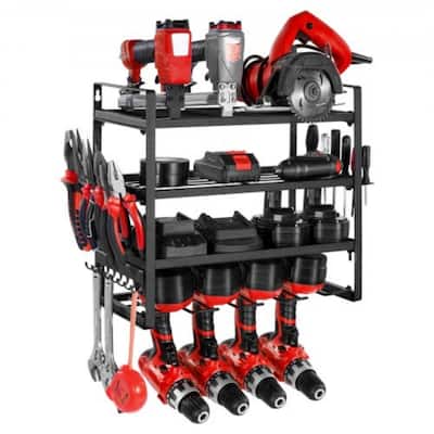 4-Tier Black Wall-Mounted Power Tool Rack with Drill Slots Shelves and Hooks for Garage Storage - 19.29” x 7.87” x 14.57”