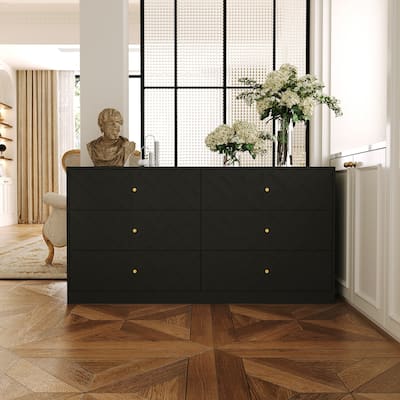 Large 6 Drawer Dresser Wooden Chest of Drawers with Gold Metal Handles