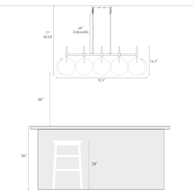 Modern 5-Light Smoky-gray Chandelier 52.1 IN Linear Island Lights - L 52.1" x W 9.8" x H 11"