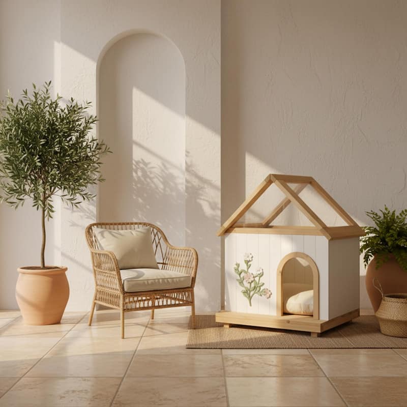 Transparent Roof Pet House with Floral Carving FSC-Certified Cedar Indoor Shelter for Cats