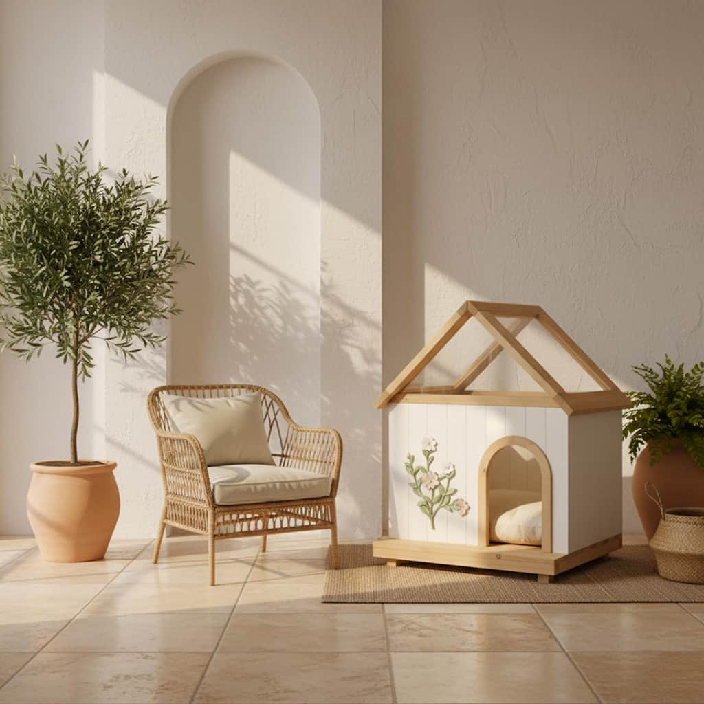 Transparent Roof Pet House with Floral Carving FSC-Certified Cedar Indoor Shelter for Cats