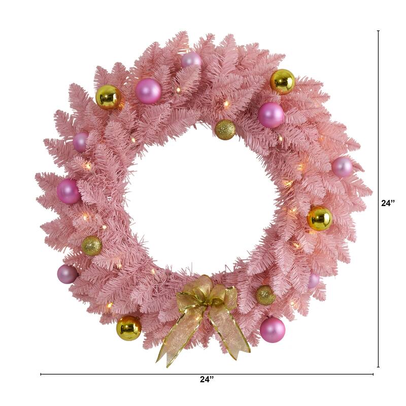 Pre-Lit Pink Artificial Christmas Wreath and Ornaments, 24-Inch, Clear LED Lights