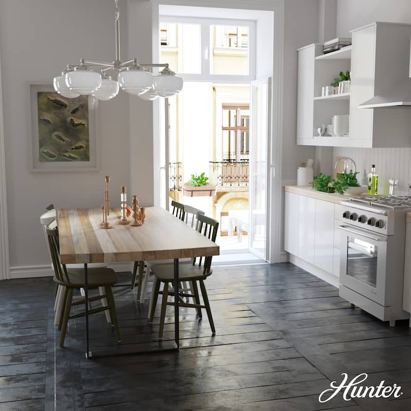Hunter Saddle Creek Contemporary Schoolhouse Chandelier - Clear or White Glass Globes - Entry, Dining Room, Kitchen Table