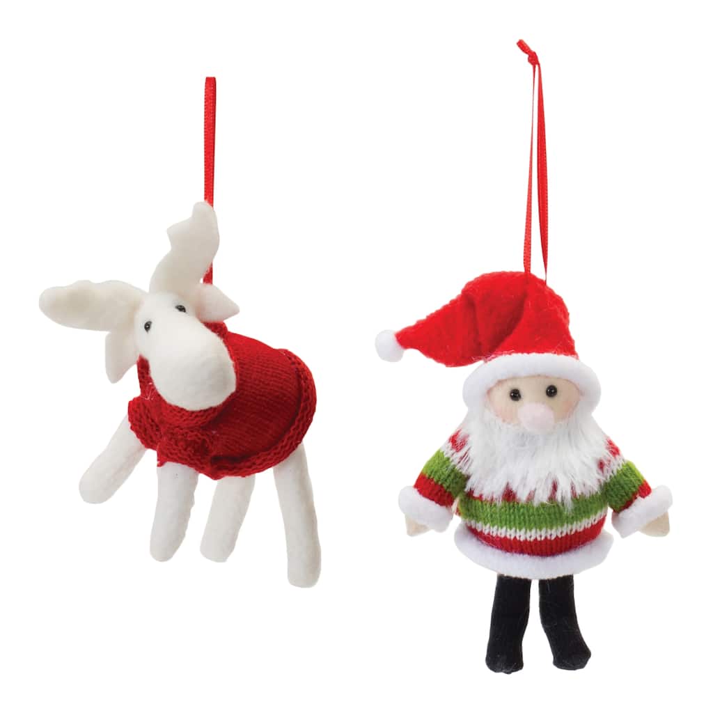 Plush Santa and Moose Ornament (Set of 12) - 3.5 x 3 x 5.25