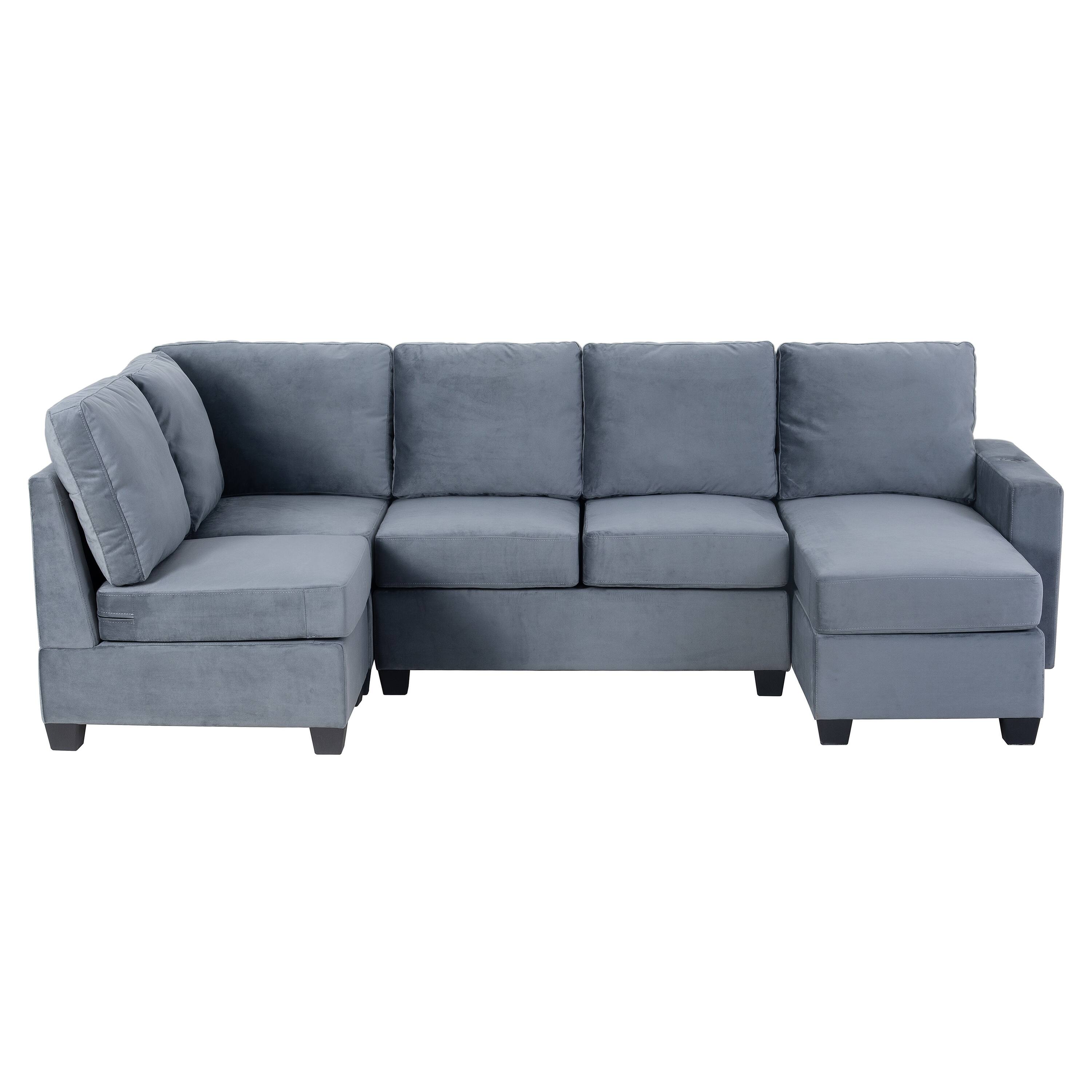 Grey Velvet Sectionals Sofa, Lshape Sectional Sofa w/ Chaise and USB