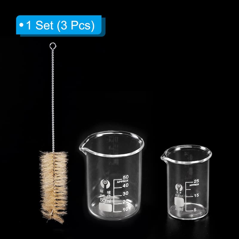 25ml 50ml Low Form Glass Beaker with Brush, 3.3 Glass Graduated Measuring Cups - Transparent