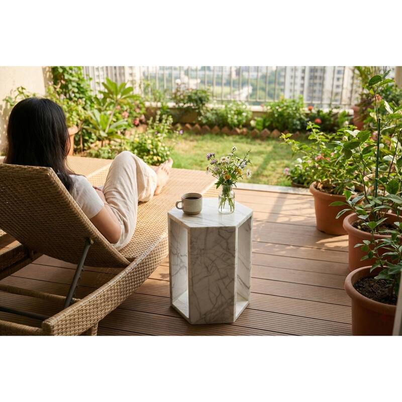 Roomfitters Luxury Natural Marble Hexagon Side Table, Solid Stone Geometric Pedestal End Table, Polished Finish