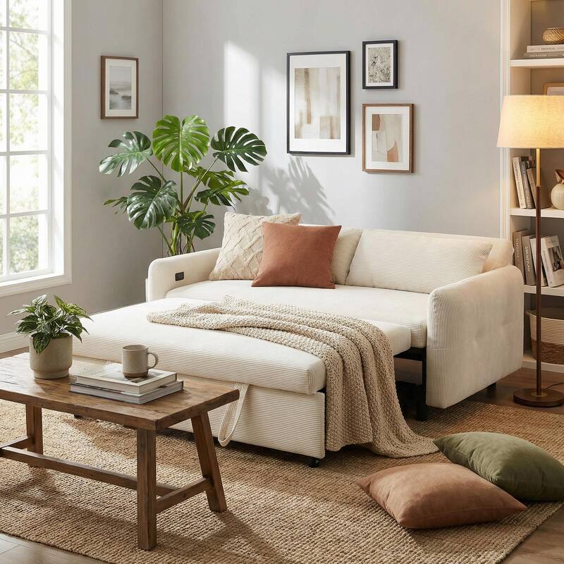 HOMYLIN 57.48" Beige 2 Seat Sleeper Sofa with USB, Pull-Out Sofa Bed