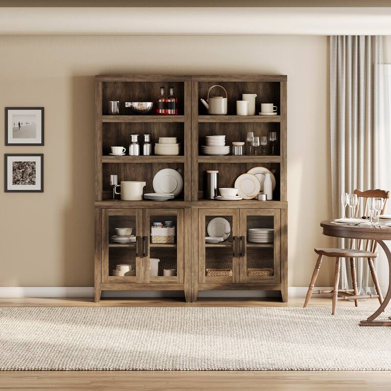 WAMPAT 3 Tier Bookshelf with Glass Door, 74" Tall Bookcase with Adjustable Shelf and Storage Cabinet, Farmhouse Wooden Bookshelf