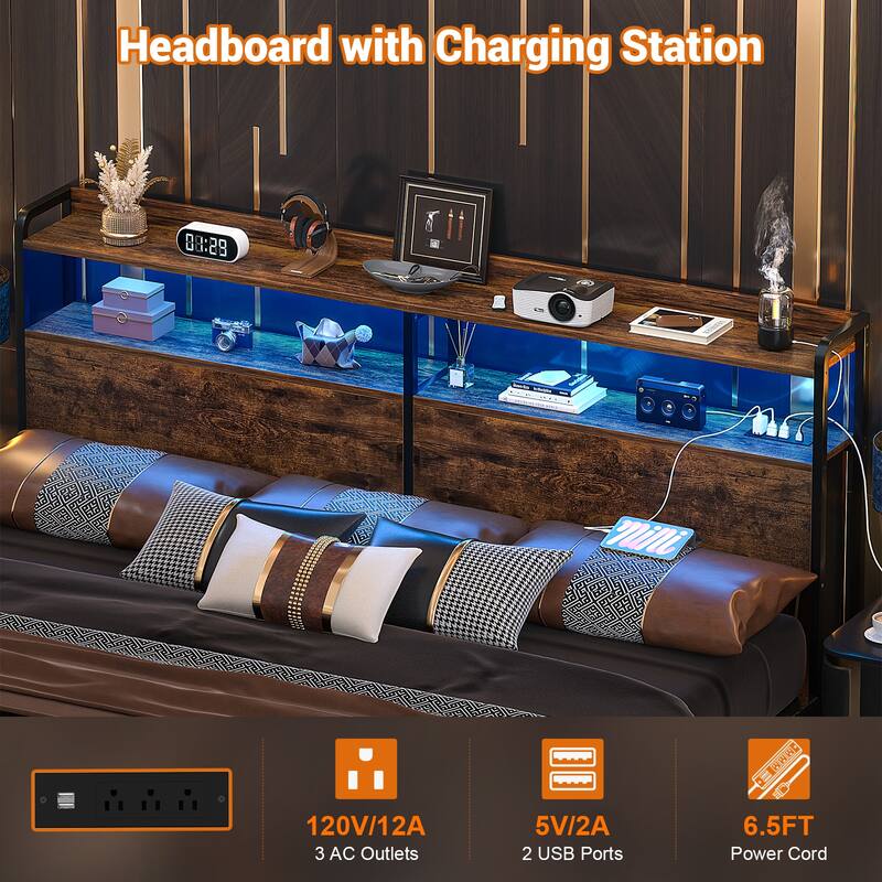 Headboard with Storage Drawers and LED Light, Head Board with Outlets, USB Ports
