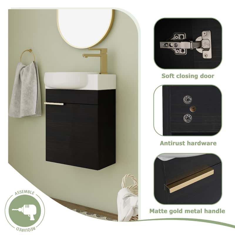 Malwee 16" Floating Bathroom Vanity, Mini Wall Mounted Bathroom Vanity with Ceramic Sink and Soft Close Door