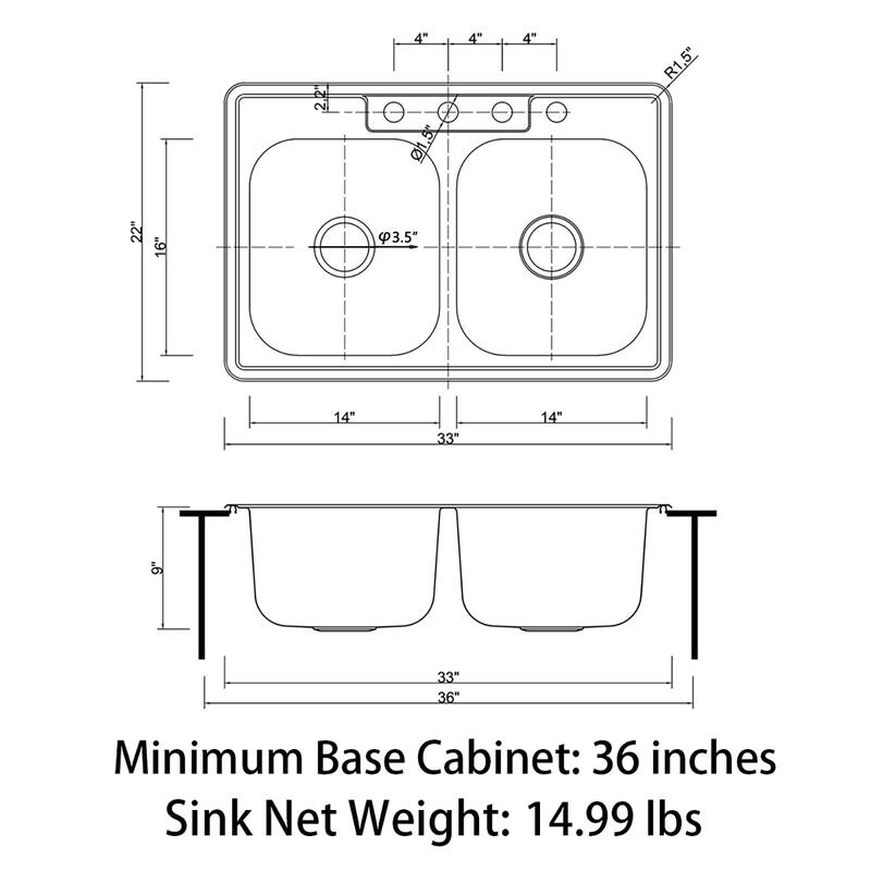 Sinber Drop in Double Bowl 304 Stainless Steel Kitchen Sink