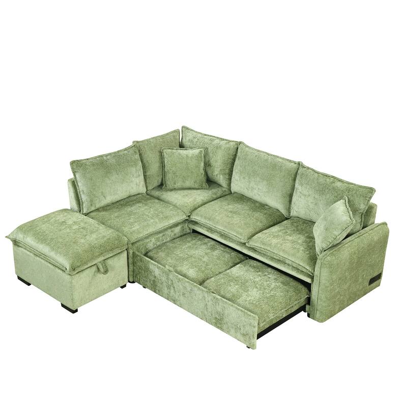 Convertible Sleeper Sofa Bed with Storage Ottoman, L-Shaped Sectional Sofa with 2 Pillows, 2 Power Sockets & 2 USB Ports