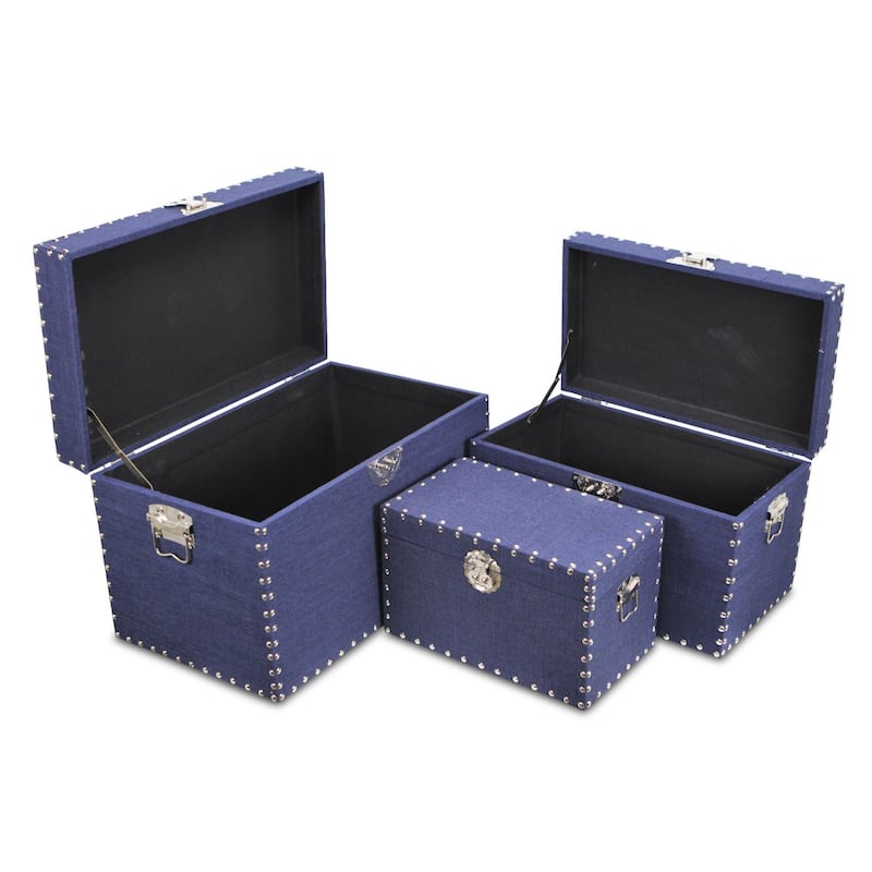 Set of 3 Denim Blue and Silver Studded Storage Trunks 19.75"