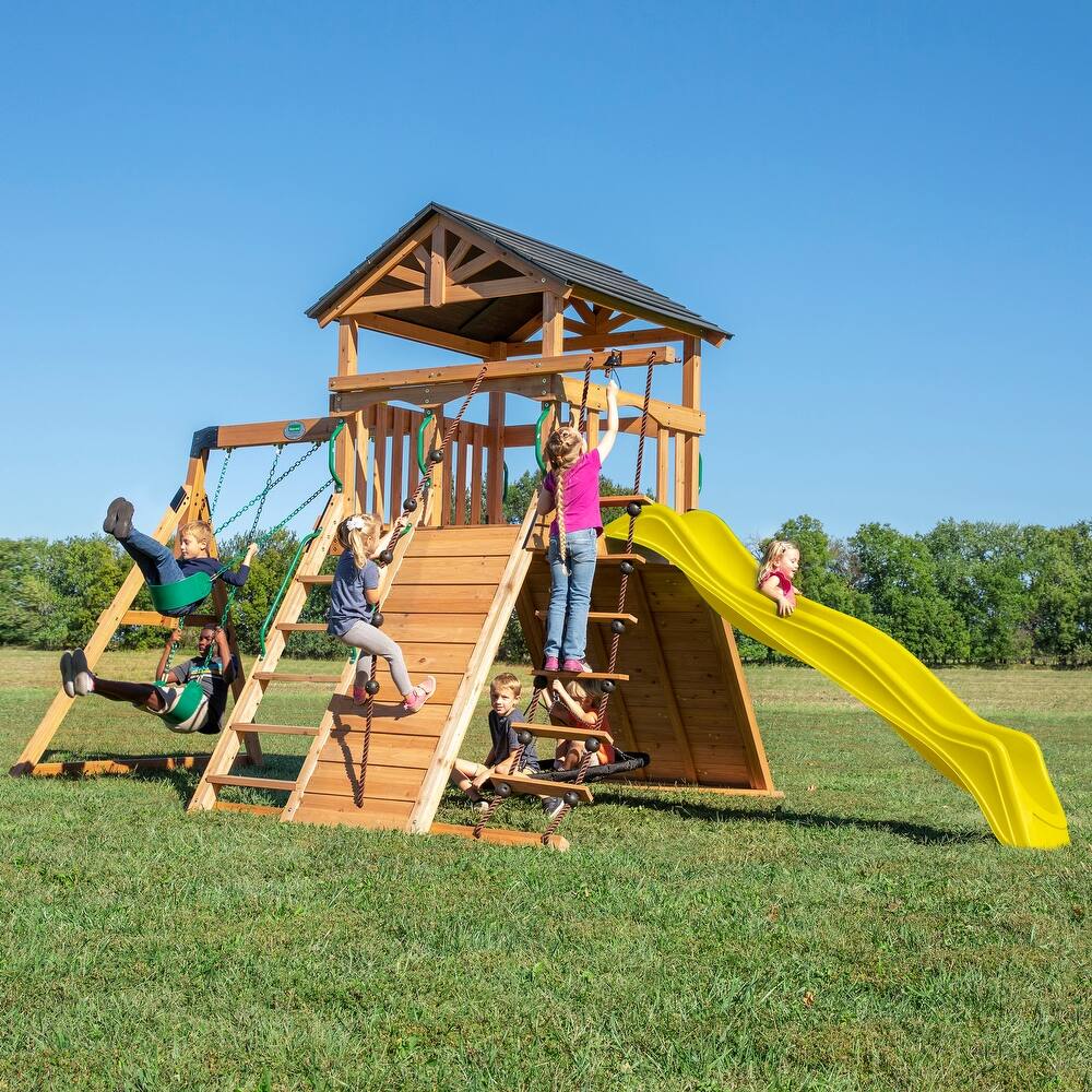 Backyard Discovery Endeavor Cedar Wood Swing Set, Slide, Play Deck