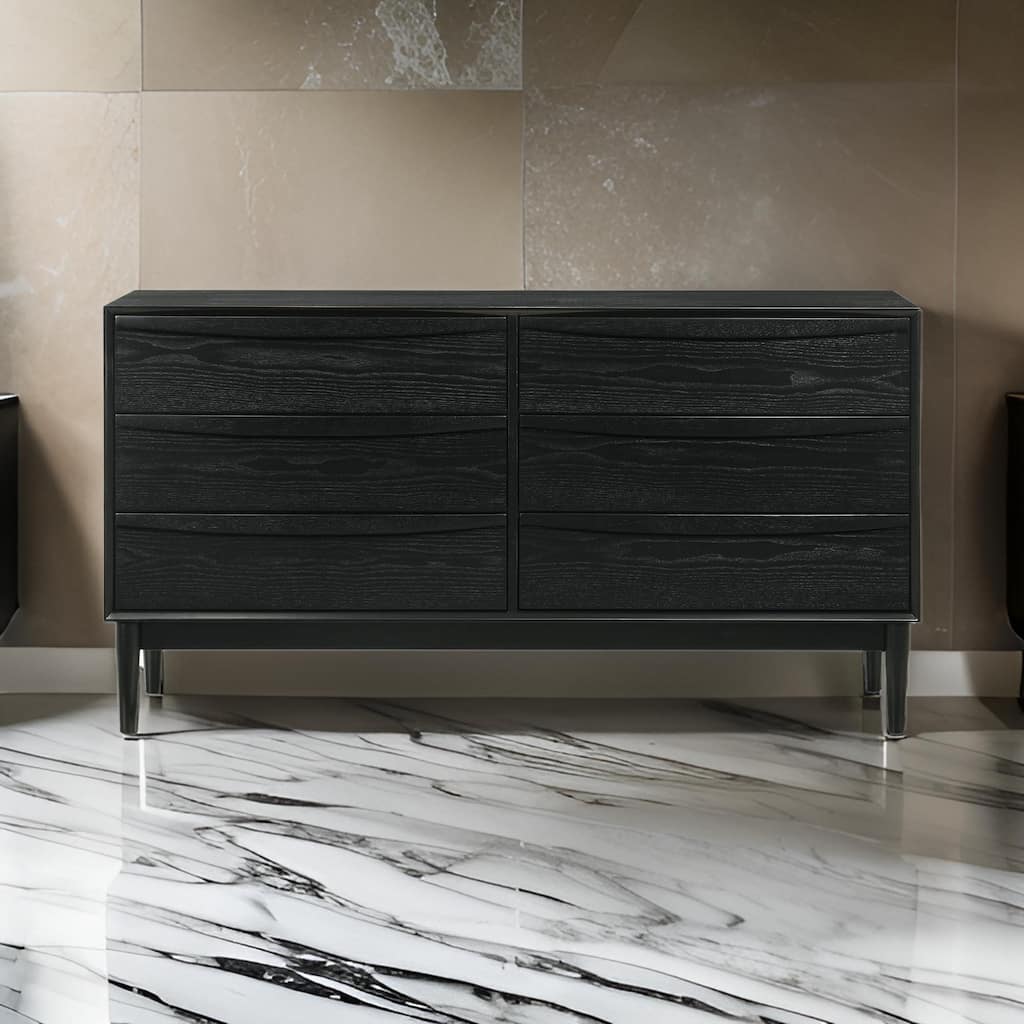 Mian 55 Inch Wide Dresser Chest, 6 Drawer, Linear Undercut Handle, Black